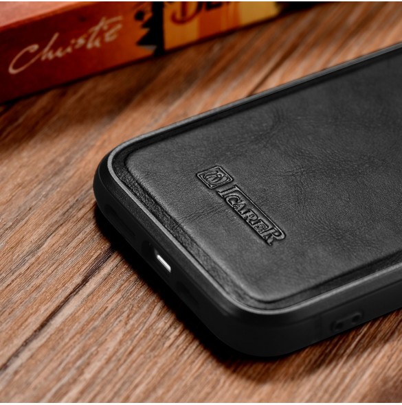 iCarer Leather Oil Wax fodral täckt med naturligt läder för iPhone 14 Plus svart (WMI14220719-BK)