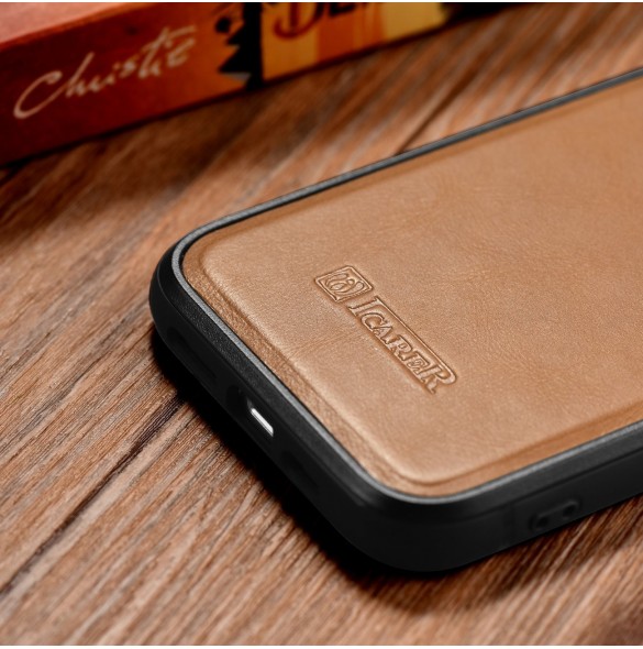 iCarer Leather Oil Wax-fodral täckt med naturligt läder för iPhone 14 Plus brun (WMI14220719-TN)