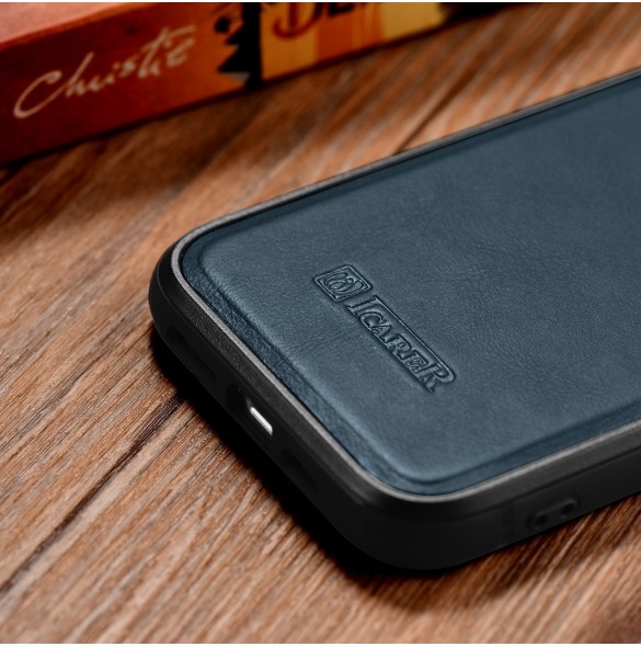 iCarer Leather Oil Wax-fodral täckt med naturligt läder för iPhone 14 Pro blå (WMI14220718-BU)