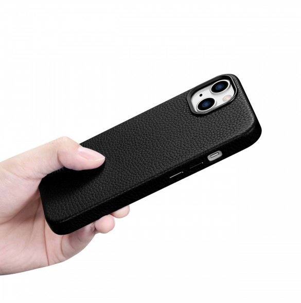 iCarer Litchi Premium läderfodral iPhone 14 Plus magnetiskt läderfodral med MagSafe Black (WMI14220711-BK)