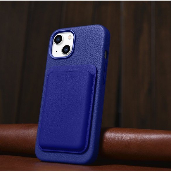 iCarer Litchi Premium läderfodral iPhone 14 Plus magnetiskt läderfodral med MagSafe Mörkblå (WMI14220711-DB)