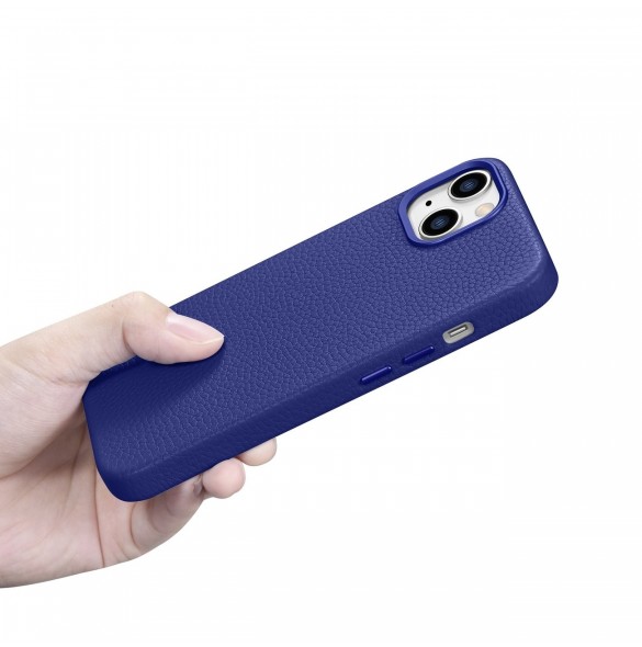 iCarer Litchi Premium läderfodral iPhone 14 Plus magnetiskt läderfodral med MagSafe Mörkblå (WMI14220711-DB)