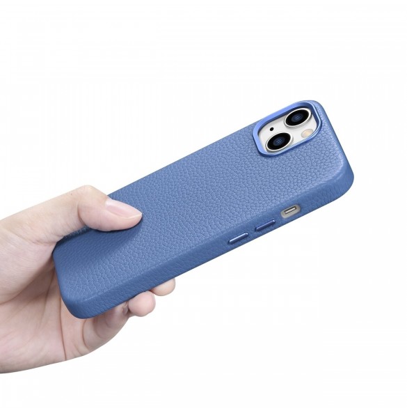 iCarer Litchi Premium läderfodral iPhone 14 Plus magnetiskt läderfodral med MagSafe ljusblå (WMI14220711-LB)