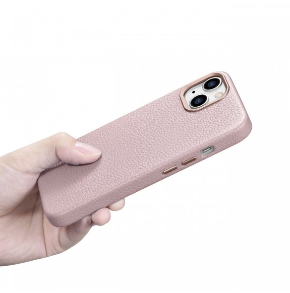 iCarer Litchi Premium Läderfodral iPhone 14 Plus Magnetisk Läderfodral med MagSafe Pink (WMI14220711-PK)