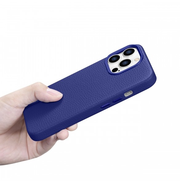 iCarer Litchi Premium Läderfodral iPhone 14 Pro Magnetisk Läderfodral med MagSafe Mörkblå (WMI14220710-DB)