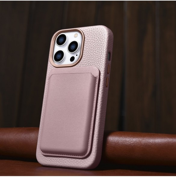 iCarer Litchi Premium Läderfodral iPhone 14 Pro Magnetisk Läderfodral med MagSafe Pink (WMI14220710-PK)