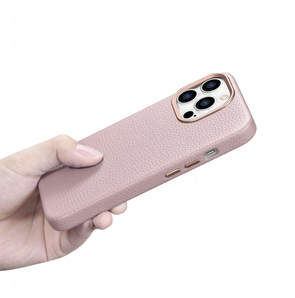 iCarer Litchi Premium Läderfodral iPhone 14 Pro Magnetisk Läderfodral med MagSafe Pink (WMI14220710-PK)