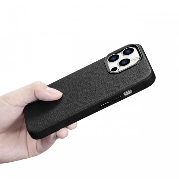 iCarer Litchi Premium Läderfodral iPhone 14 Pro Max Magnetisk Läderfodral med MagSafe Svart (WMI14220712-BK)