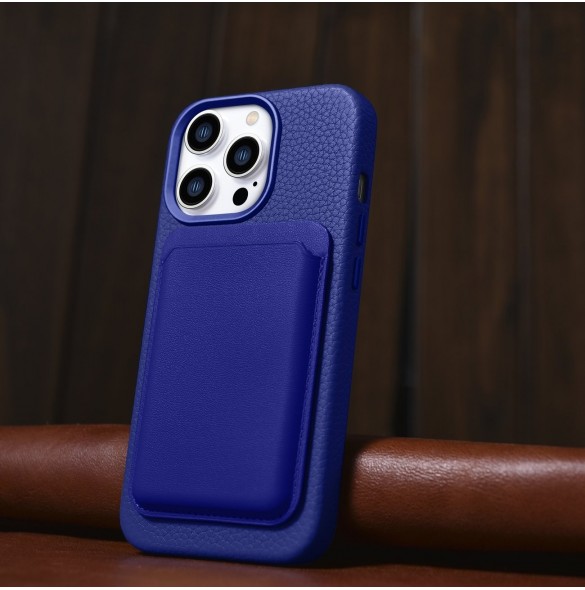 iCarer Litchi Premium läderfodral iPhone 14 Pro Max magnetiskt läderfodral med MagSafe Mörkblå (WMI14220712-DB)