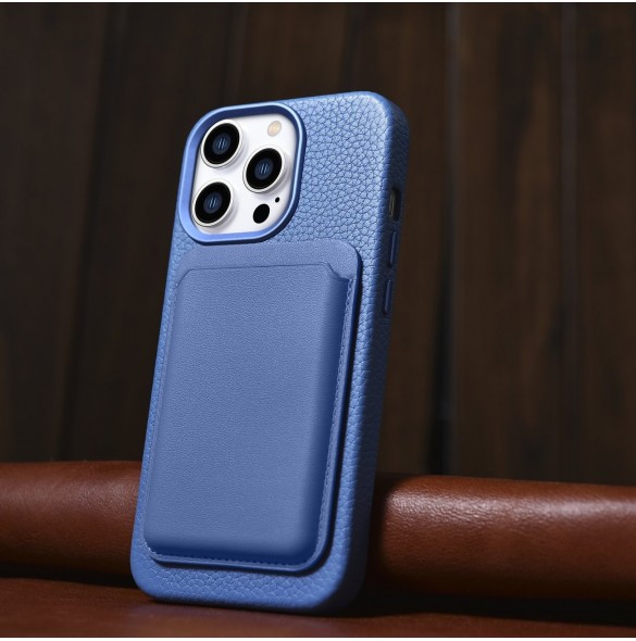 iCarer Litchi Premium läderfodral iPhone 14 Pro Max magnetiskt läderfodral med MagSafe ljusblå (WMI14220712-LB)