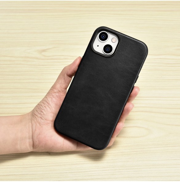 iCarer Oil Wax Premium läderfodral iPhone 14 Plus magnetiskt läderfodral med MagSafe Black (WMI14220703-BK)
