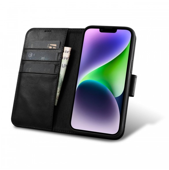 iCarer Oil Wax Wallet Case 2in1 Cover iPhone 14 Plus Anti-RFID Läder Flip Fodral Svart (WMI14220723-BK)