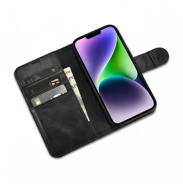 iCarer Oil Wax Wallet Case 2in1 Cover iPhone 14 Plus Anti-RFID Läder Flip Fodral Svart (WMI14220723-BK)