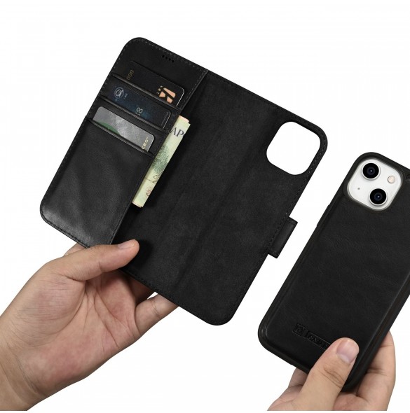 iCarer Oil Wax Wallet Case 2in1 Cover iPhone 14 Plus Anti-RFID Läder Flip Fodral Svart (WMI14220723-BK)