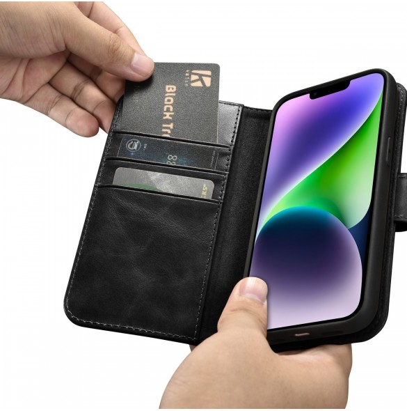 iCarer Oil Wax Wallet Case 2in1 Cover iPhone 14 Plus Anti-RFID Läder Flip Fodral Svart (WMI14220723-BK)