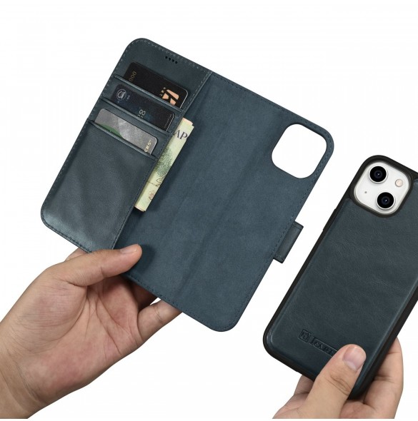 iCarer Oil Wax Wallet Case 2-in1 Cover iPhone 14 Plus Anti-RFID-läder Flip-fodral Blå (WMI14220723-BU)