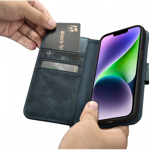 iCarer Oil Wax Wallet Case 2-in1 Cover iPhone 14 Plus Anti-RFID-läder Flip-fodral Blå (WMI14220723-BU)