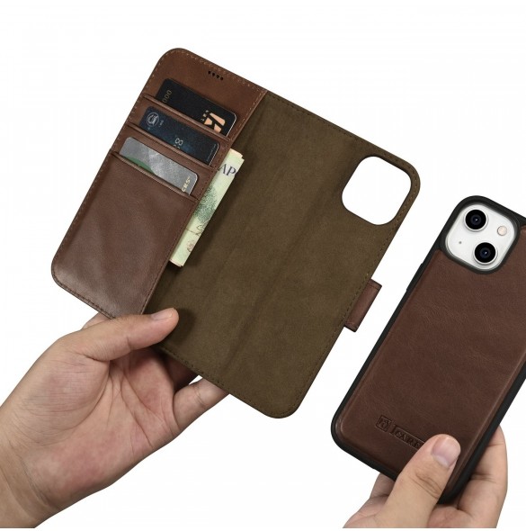 iCarer Oil Wax Wallet Case 2in1 Cover iPhone 14 Plus Anti-RFID Läder Flip Case Brun (WMI14220723-BN)