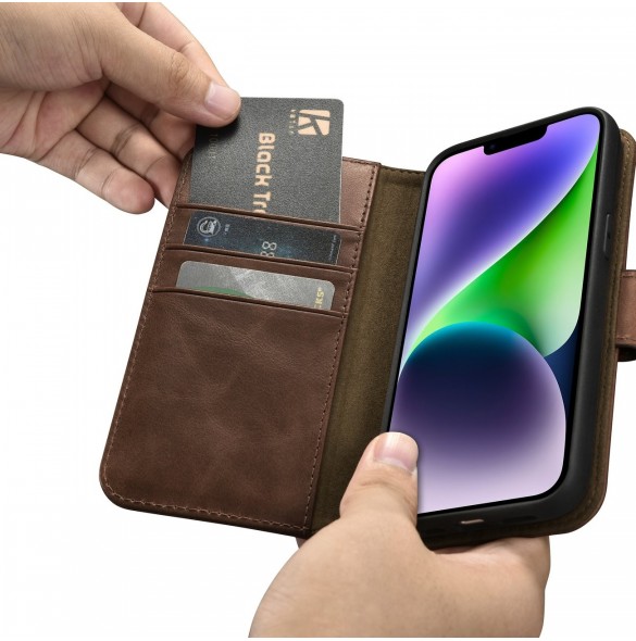 iCarer Oil Wax Wallet Case 2in1 Cover iPhone 14 Plus Anti-RFID Läder Flip Case Brun (WMI14220723-BN)