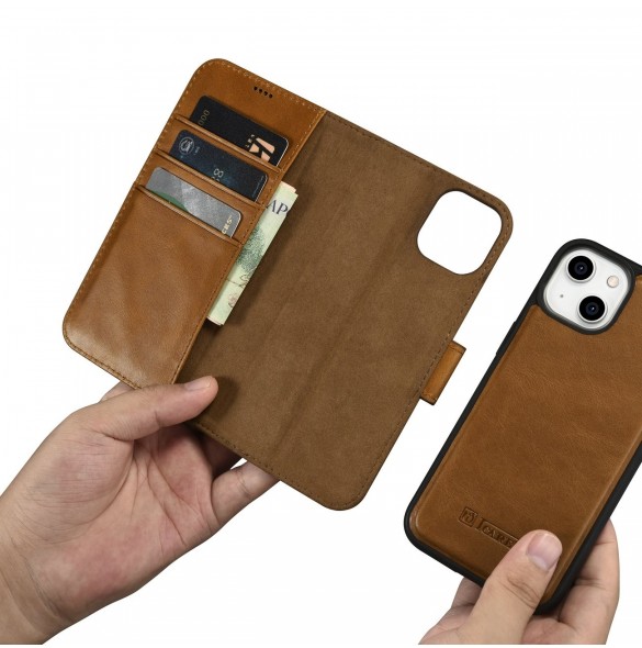 iCarer Oil Wax Wallet Case 2in1 Cover iPhone 14 Plus Anti-RFID Läder Flip Case Brun (WMI14220723-TN)