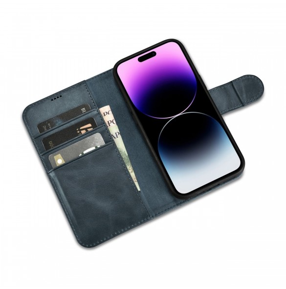 iCarer Oil Wax Wallet Case 2in1 Cover iPhone 14 Pro Anti-RFID Leather Flip Case Blå (WMI14220722-BU)