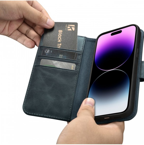 iCarer Oil Wax Wallet Case 2in1 Cover iPhone 14 Pro Anti-RFID Leather Flip Case Blå (WMI14220722-BU)