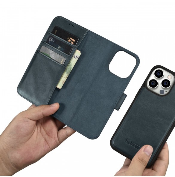 iCarer Oil Wax Wallet Case 2in1 Cover iPhone 14 Pro Anti-RFID Leather Flip Case Blå (WMI14220722-BU)