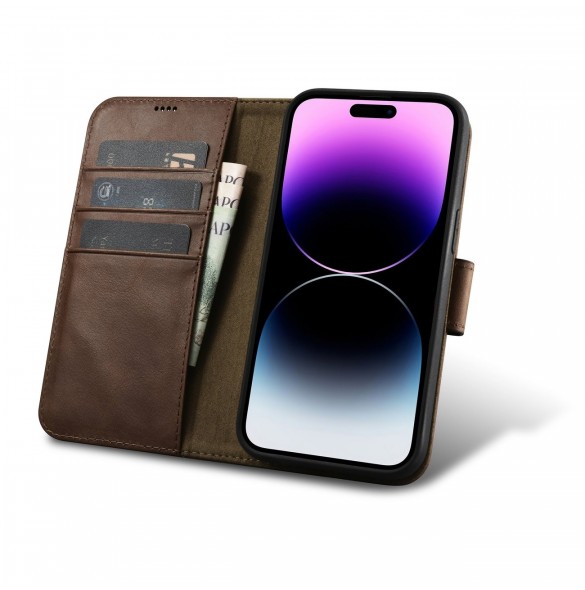 iCarer Oil Wax Wallet Case 2in1 Cover iPhone 14 Pro Anti-RFID Läder Flip Case Brun (WMI14220722-BN)
