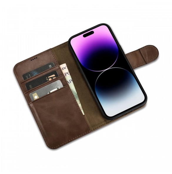 iCarer Oil Wax Wallet Case 2in1 Cover iPhone 14 Pro Anti-RFID Läder Flip Case Brun (WMI14220722-BN)
