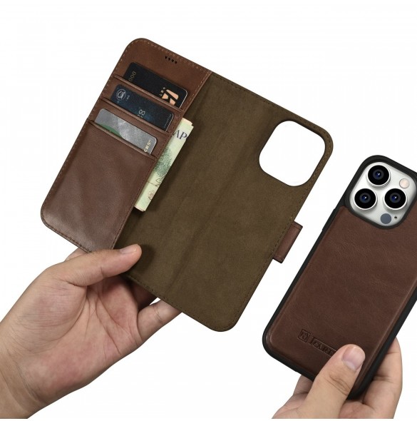 iCarer Oil Wax Wallet Case 2in1 Cover iPhone 14 Pro Anti-RFID Läder Flip Case Brun (WMI14220722-BN)