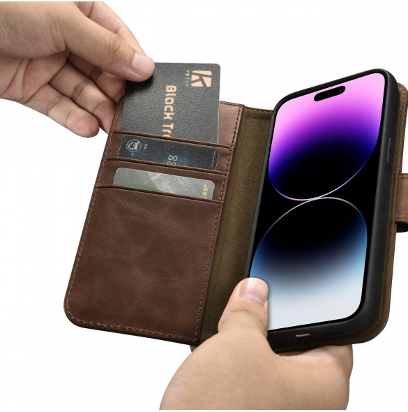 iCarer Oil Wax Wallet Case 2in1 Cover iPhone 14 Pro Anti-RFID Läder Flip Case Brun (WMI14220722-BN)