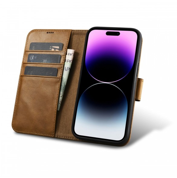 iCarer Oil Wax Wallet Case 2in1 Cover iPhone 14 Pro Anti-RFID Läder Flip Case Brun (WMI14220722-TN)