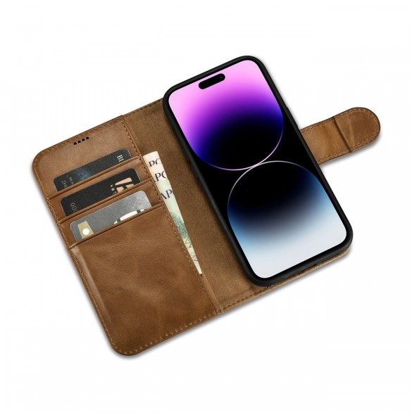 iCarer Oil Wax Wallet Case 2in1 Cover iPhone 14 Pro Anti-RFID Läder Flip Case Brun (WMI14220722-TN)