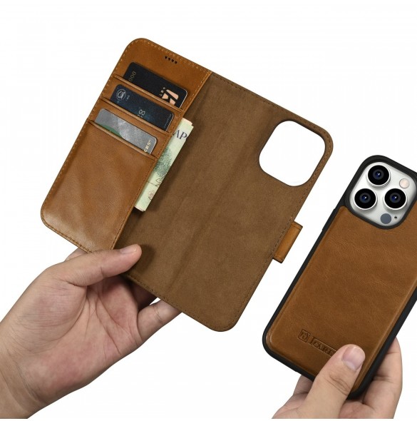 iCarer Oil Wax Wallet Case 2in1 Cover iPhone 14 Pro Anti-RFID Läder Flip Case Brun (WMI14220722-TN)