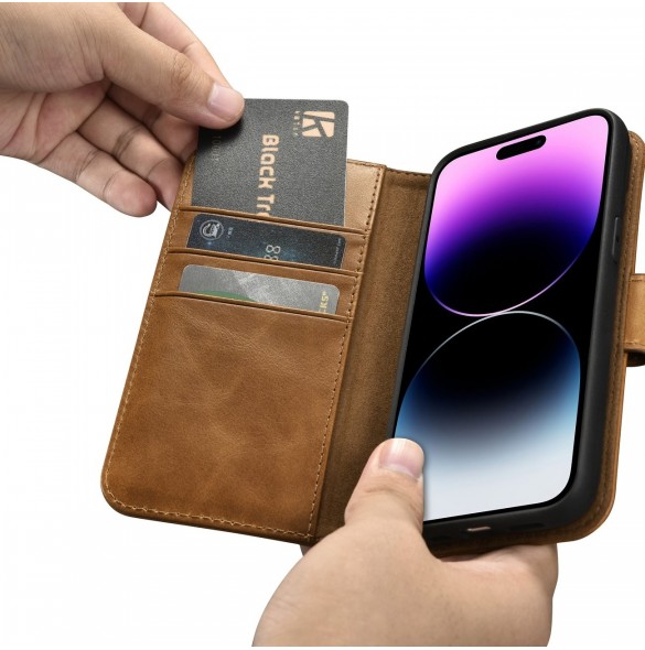 iCarer Oil Wax Wallet Case 2in1 Cover iPhone 14 Pro Anti-RFID Läder Flip Case Brun (WMI14220722-TN)