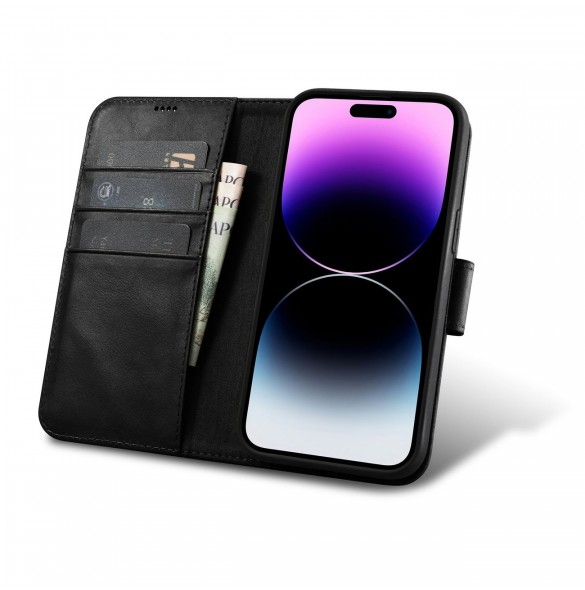 iCarer Oil Wax Wallet Case 2-in1 Cover iPhone 14 Pro Leather Flip Cover Anti-RFID svart (WMI14220722-BK)