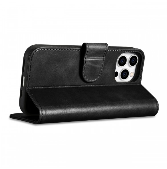 iCarer Oil Wax Wallet Case 2-in1 Cover iPhone 14 Pro Leather Flip Cover Anti-RFID svart (WMI14220722-BK)