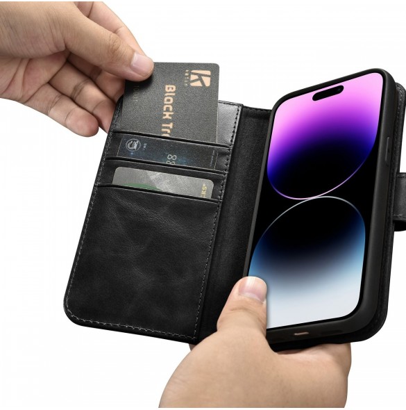iCarer Oil Wax Wallet Case 2-in1 Cover iPhone 14 Pro Leather Flip Cover Anti-RFID svart (WMI14220722-BK)