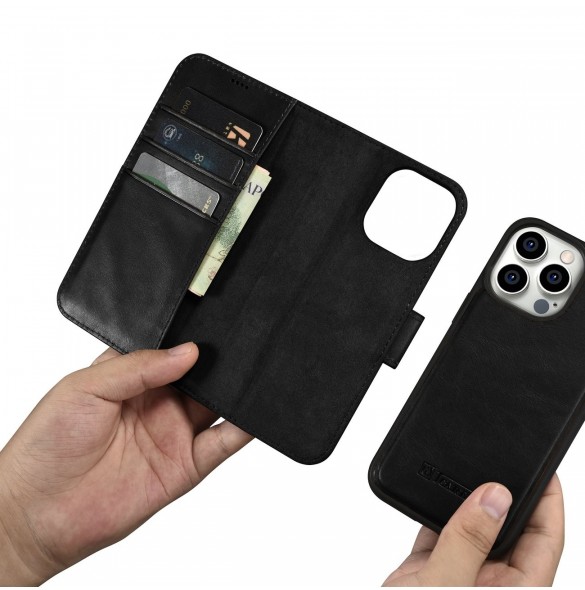 iCarer Oil Wax Wallet Case 2-in1 Cover iPhone 14 Pro Leather Flip Cover Anti-RFID svart (WMI14220722-BK)