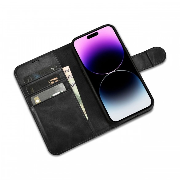iCarer Oil Wax Plånboksfodral 2-i-1 skal iPhone 14 Pro Max Leather Flip Cover Anti-RFID svart (WMI14220724-BK)