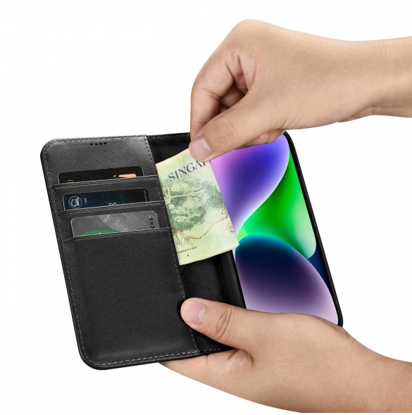 iCarer Plånboksfodral 2-i-1-fodral iPhone 14 Plus Anti-RFID-läder Flip-fodral Svart (WMI14220727-BK)