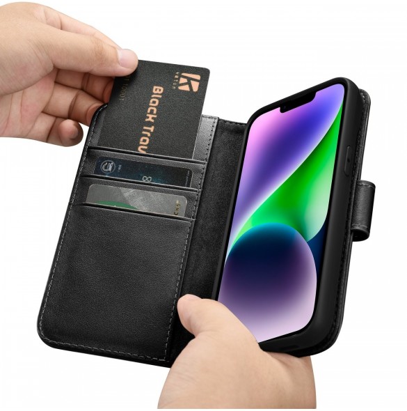 iCarer Plånboksfodral 2-i-1-fodral iPhone 14 Plus Anti-RFID-läder Flip-fodral Svart (WMI14220727-BK)