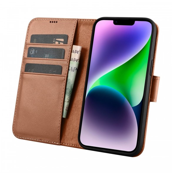 iCarer Plånboksfodral 2-i-1-fodral iPhone 14 Plus Anti-RFID-läder Flip-fodral Brun (WMI14220727-BN)