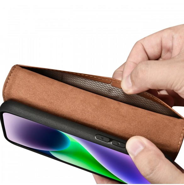 iCarer Plånboksfodral 2-i-1-fodral iPhone 14 Plus Anti-RFID-läder Flip-fodral Brun (WMI14220727-BN)