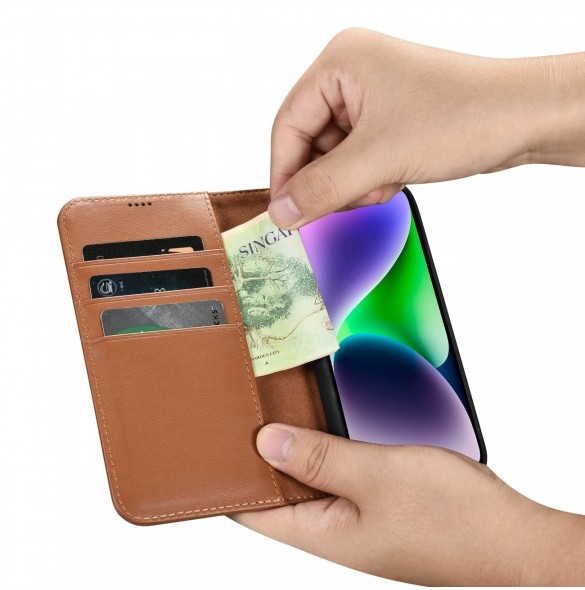iCarer Plånboksfodral 2-i-1-fodral iPhone 14 Plus Anti-RFID-läder Flip-fodral Brun (WMI14220727-BN)