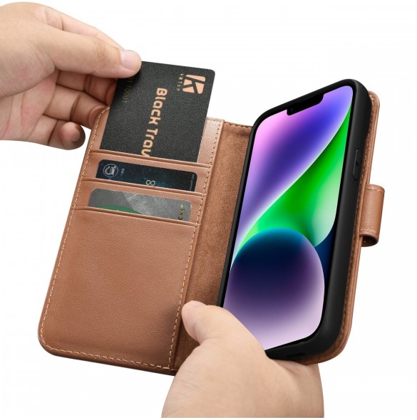 iCarer Plånboksfodral 2-i-1-fodral iPhone 14 Plus Anti-RFID-läder Flip-fodral Brun (WMI14220727-BN)