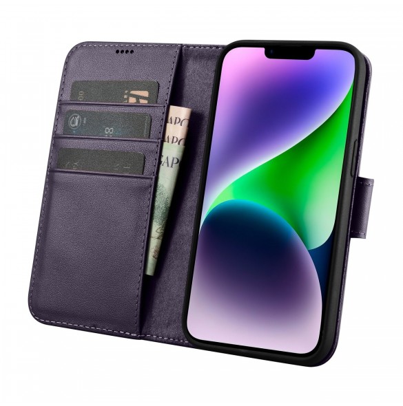 iCarer Plånboksfodral 2-i-1-fodral iPhone 14 Plus Anti-RFID Flip-fodral i läder mörklila (WMI14220727-DP)