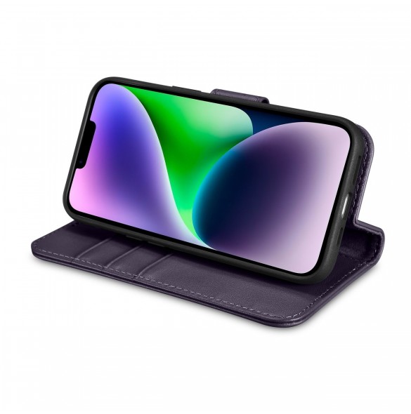iCarer Plånboksfodral 2-i-1-fodral iPhone 14 Plus Anti-RFID Flip-fodral i läder mörklila (WMI14220727-DP)