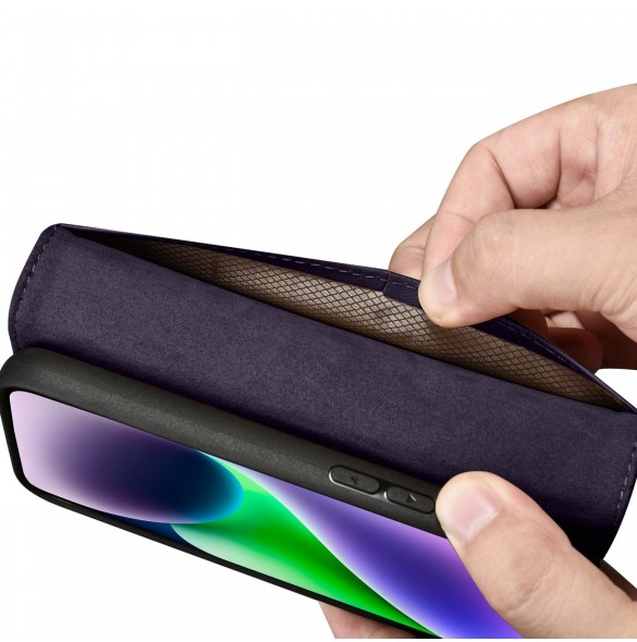 iCarer Plånboksfodral 2-i-1-fodral iPhone 14 Plus Anti-RFID Flip-fodral i läder mörklila (WMI14220727-DP)