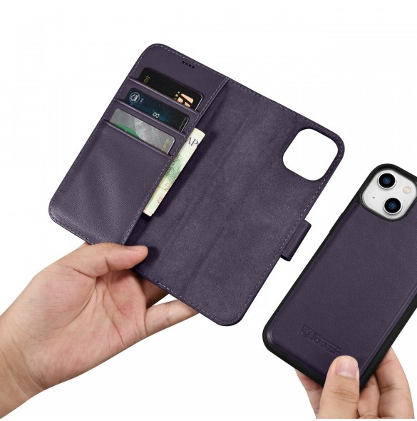 iCarer Plånboksfodral 2-i-1-fodral iPhone 14 Plus Anti-RFID Flip-fodral i läder mörklila (WMI14220727-DP)